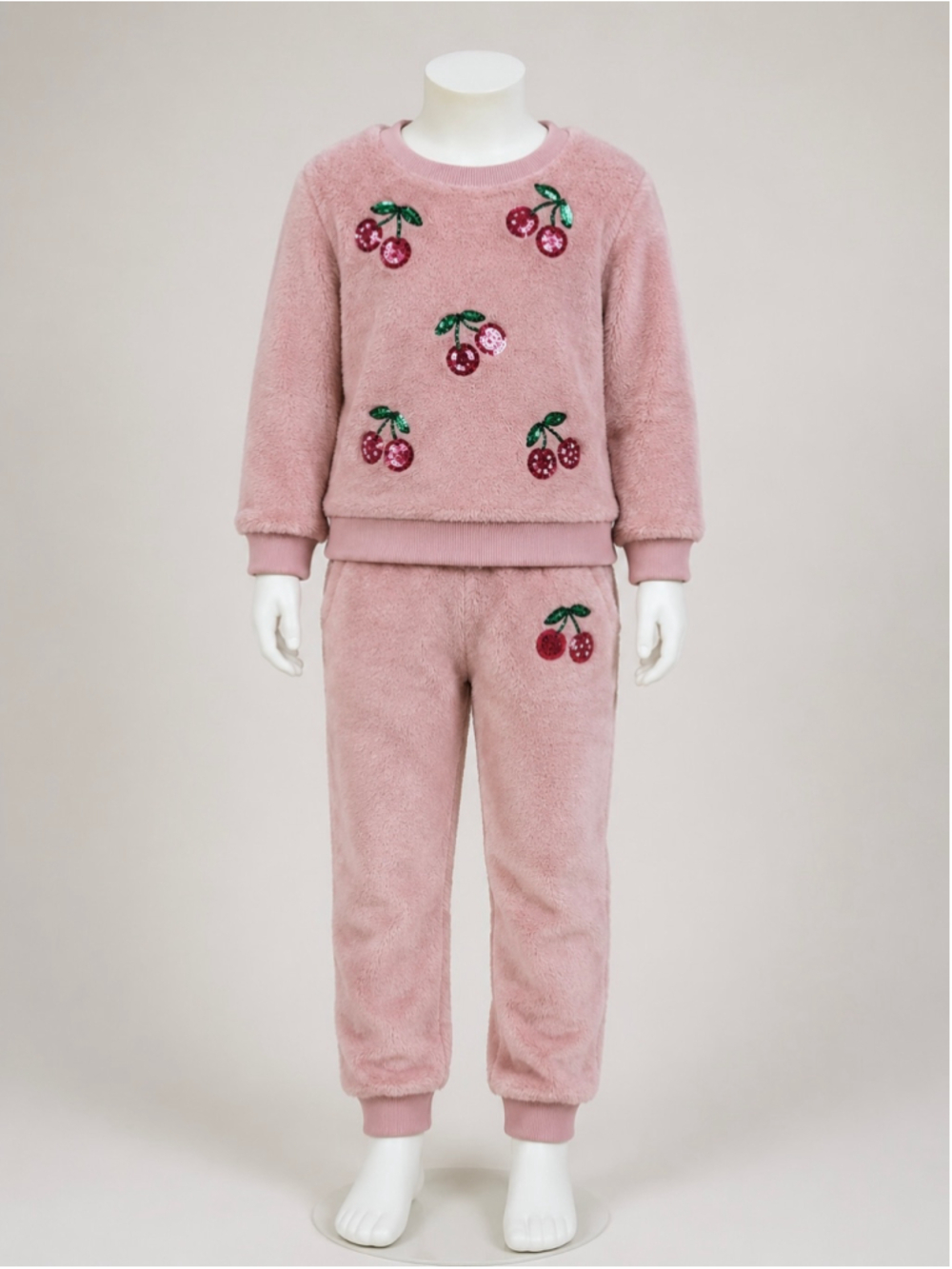 Derek Heart Girls Pink Cherry Sequin Sherpa Fleece Sweatshirt & Jogger Set - Picture 4 of 12